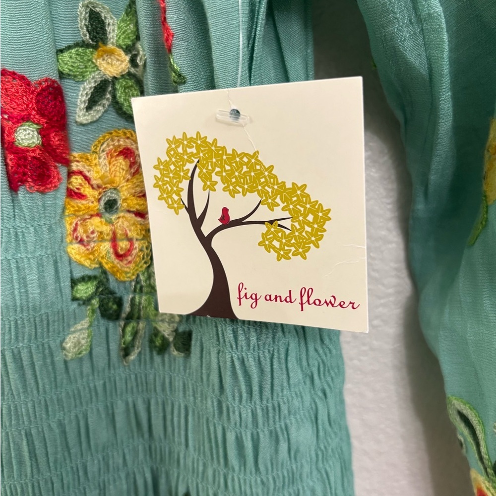 Anthropologie Fig and Flower Aqua Floral Embroidered Maxi Dress Button Front - Picture 6 of 12